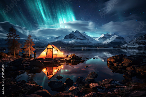 Dreamlike tent peacefully perched on top of serene lake, accentuated by picturesque green and blue sky