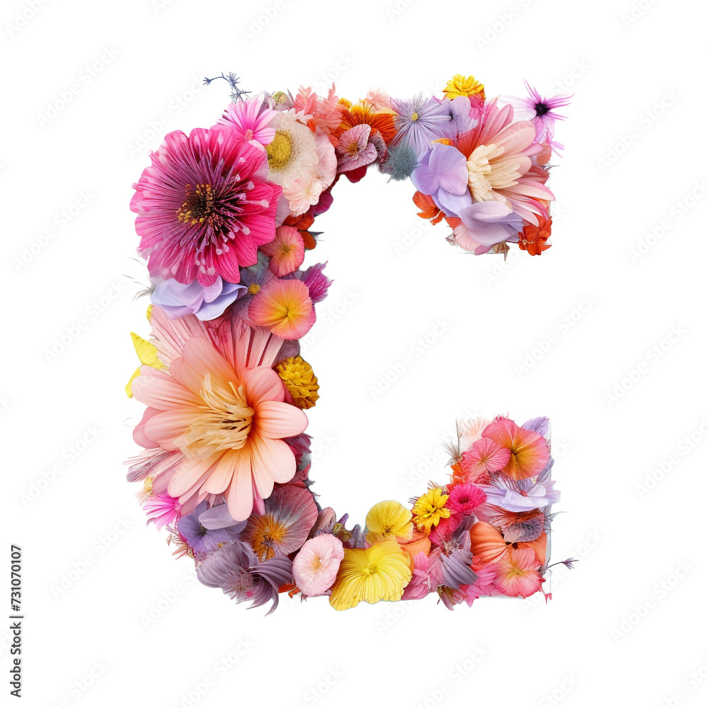Letter C with flower elements flower made of flower 3D isolated on transparent background