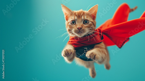 A cute young little cat is a superhero with a red superhero cape and wearing a mask as a mask as a superhero costume, pet as a hero, flying or jumping, paw and cute kitten face photo