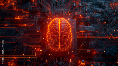 Digital glowing brain on a futuristic circuit board background. Concept of Artificial intelligence or AI and the merger of human intellect and digital compute. Banner with copy space.