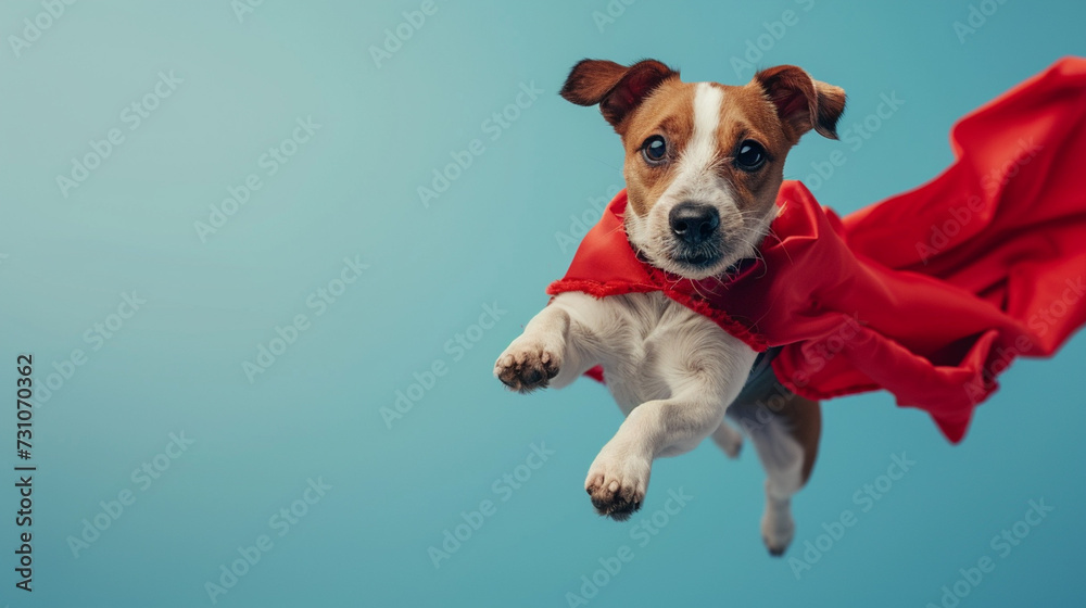 A cute young little dog or puppy, is a superhero with a red superhero cape and wearing a mask as a mask as a superhero costume, pet as a hero, flying or jumping, paw and cute baby dog face