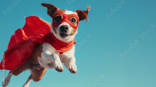 A cute young little dog or puppy, is a superhero with a red superhero cape and wearing a mask as a mask as a superhero costume, pet as a hero, flying or jumping, paw and cute baby dog face © wetzkaz