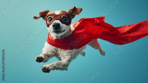 A cute young little dog or puppy, is a superhero with a red superhero cape and wearing a mask as a mask as a superhero costume, pet as a hero, flying or jumping, paw and cute baby dog face © wetzkaz