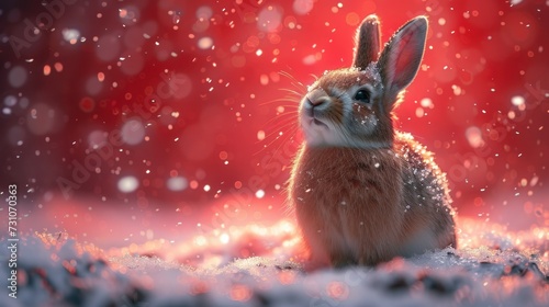 a rabbit is sitting in the snow in front of a red background with snow flakes and snow flakes.
