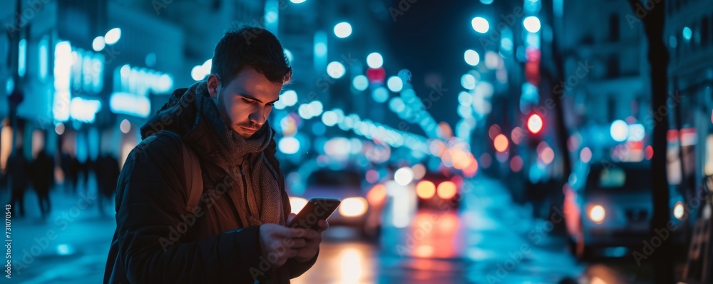 A man uses a smartphone amidst the cityscape at night, illustrating the modern urban lifestyle and connectivity even in nocturnal settings. A man uses a smartphone amidst the cityscape at night, illustrating the modern urban lifestyle and connectivity even in nocturnal settings.