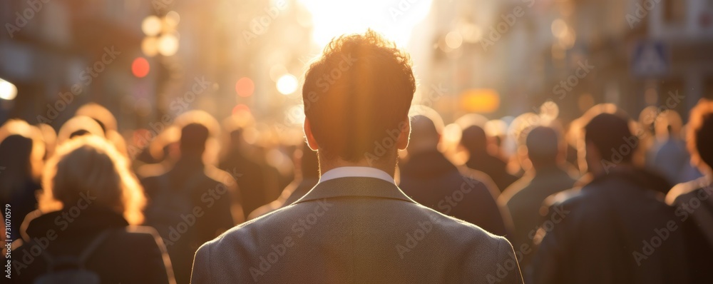 A man walks amidst a bustling crowd, navigating through the throng of people, embodying the dynamic energy and diversity of urban life. - obrazy, fototapety, plakaty 