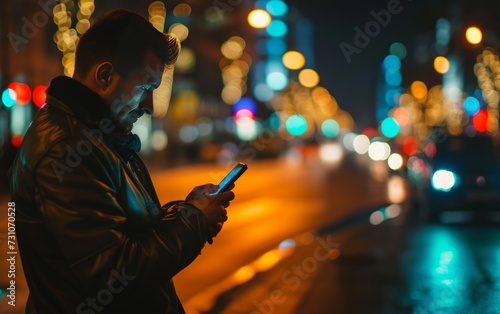 A man uses a smartphone amidst the cityscape at night, illustrating the modern urban lifestyle and connectivity even in nocturnal settings.