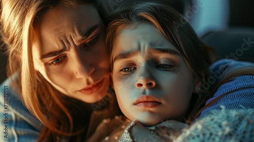 Portrait of mother and daughter, a toddler girl, being strong together, persevering and being able to do everything together, sad, worried and worried facial expressions
