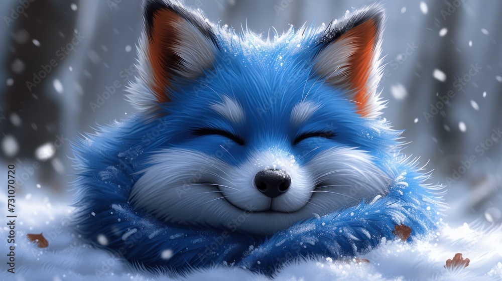 a painting of a blue fox laying in the snow with it's eyes closed and it's head resting on its paws.