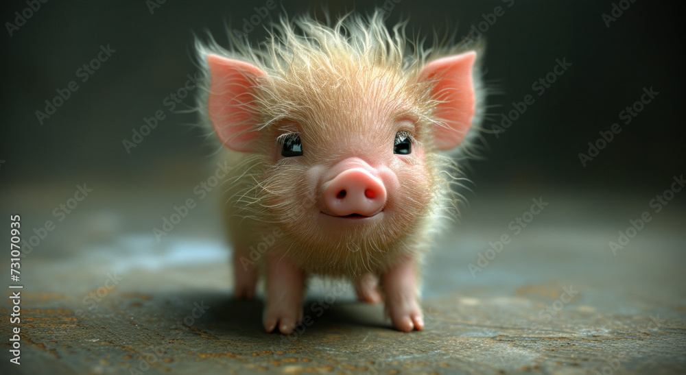 a close up of a small pig with hair on it's head and a big smile on its face.