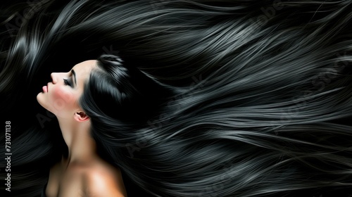 Fashion shot of beautiful model with long black hairstyle, hair care and beauty products ad