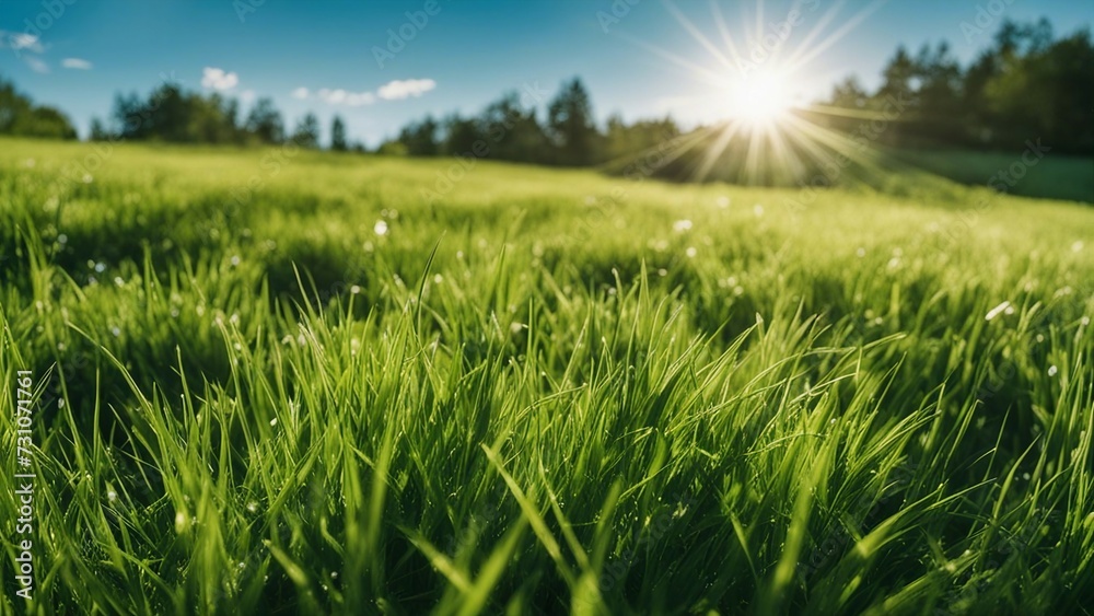 green grass and blue sky  A spring or summer season abstract nature background with grass and blue sky. The grass is green  