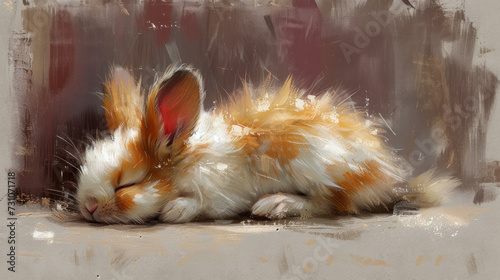 a painting of a brown and white rabbit sleeping on the ground with it's head resting on its paws. photo