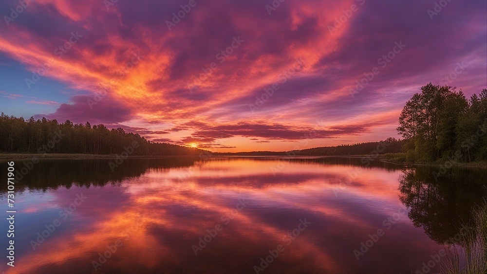 Obraz premium sunset over the river A beautiful sunset or sunrise landscape with a lake and amazing colorful clouds. The sun is low 