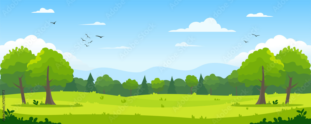 Beautiful landscape. Green summer forest clearing with grass and trees against the backdrop of a mixed forest of pine trees, hills, birds in the blue sky and clouds. Vector illustration for design.