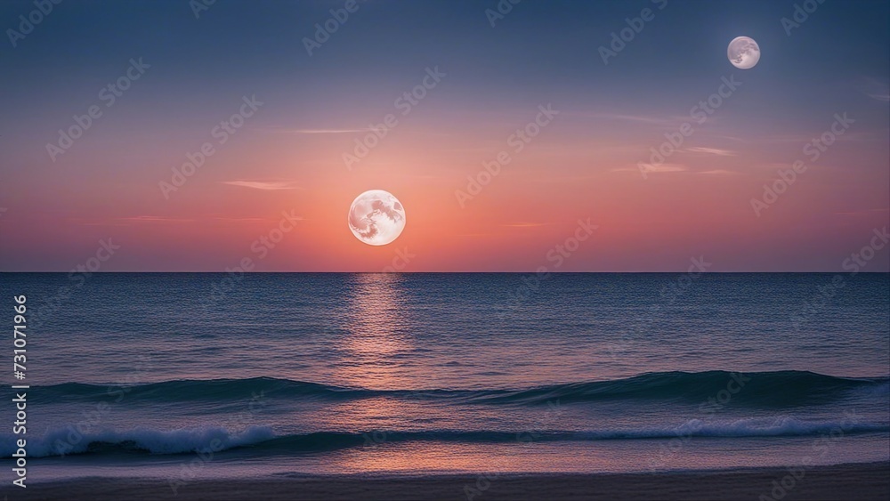 moon over sea panorama view of the sea with colorful sky, cloud and bright full moon moon over sea panorama view of the sea with colorful sky, cloud and bright full moon