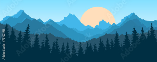 Beautiful panoramic mountain landscape at sunrise. Stunning landscape of silhouettes of high mountains and pine forests against the backdrop of stunning sun. Vector illustration for print.