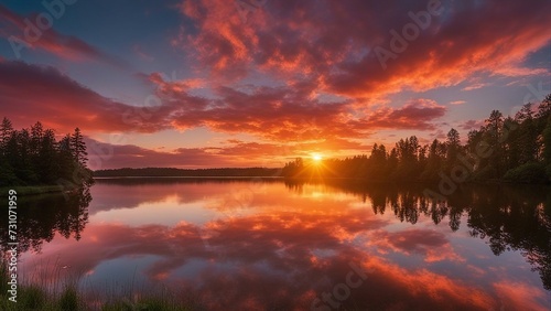 sunset over the river a sunset over a lake with trees and clouds evening 