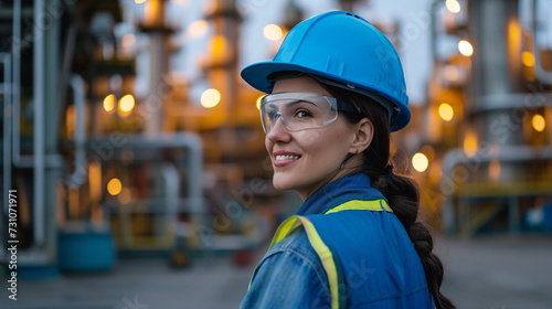An adult woman, Caucasian, is on an oil platform or gas or hydrogen refinery, energy industry and extraction of raw materials, wearing a hardhat and worker's vest, job and profession and career © wetzkaz
