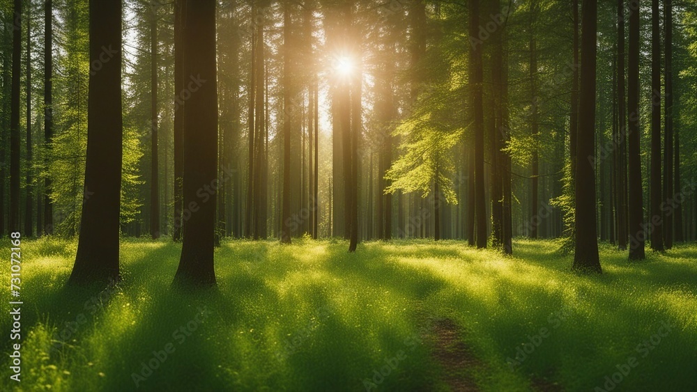 Obraz premium morning in the woods a forest with the sun shining through the trees nature 