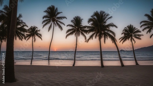 sunset at the beach ocean sea though palm trees  in the sand 