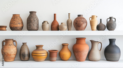 Various clay vases placed on shelf against white.