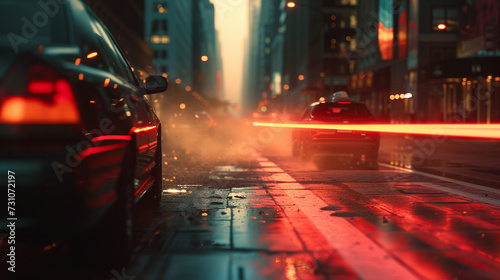 An unknown fictional truck beam or energy beam is passing through a city above the asphalt of a busy street in a big city  dark cityscape  attack or speed of light  fictional place