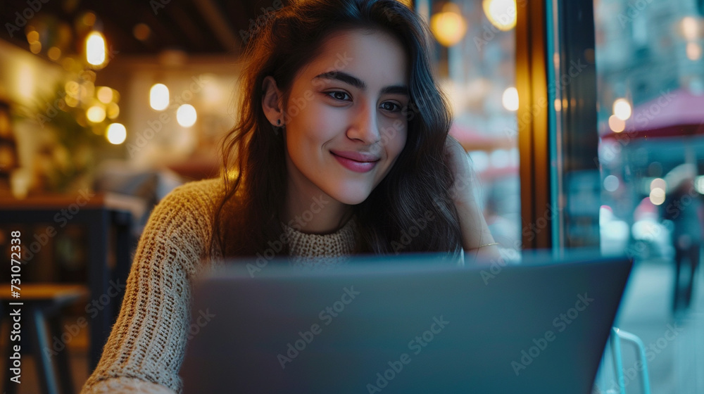 Adult woman, age 25, sitting in daylight in a cafe or restaurant at the laptop, working online on the internet as a remote job or free time Adult woman, age 25, sitting in daylight in a cafe or restaurant at the laptop, working online on the internet as a remote job or free time