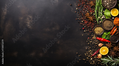 Variety of spices and herbs on black stone background.