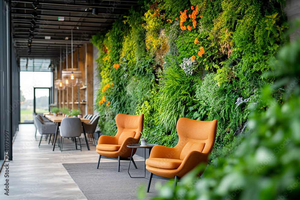 Fototapeta premium Interior of offices with flora and fauna vertical gardens.