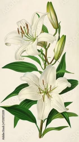 The vintage chromolithograph showcases botanical art  portraying the Madonna Lily or Lilium candidum.