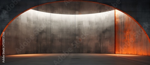  illustration and rendering of an empty, abstract room with rusted metal and concrete sheets. Architectural background.