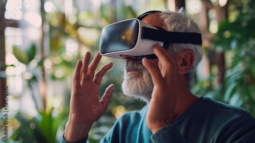 senior man wearing headset VR virtual reality glasses being used for therapeutic mental health treatment, immersive technology