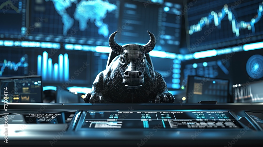 Anamorphic bull in suit sitting in trading center, bull market growth uptrend concept - obrazy, fototapety, plakaty 