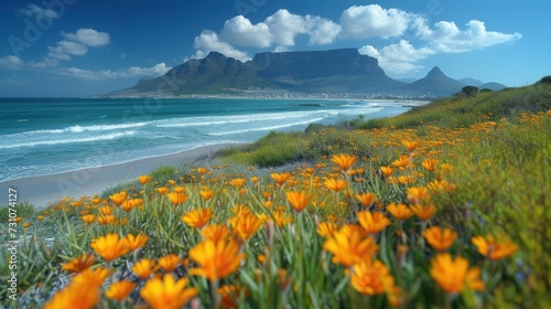 a beach with a bunch of flowers in the foreground and a mountain in the background with a body of water in the foreground. photo