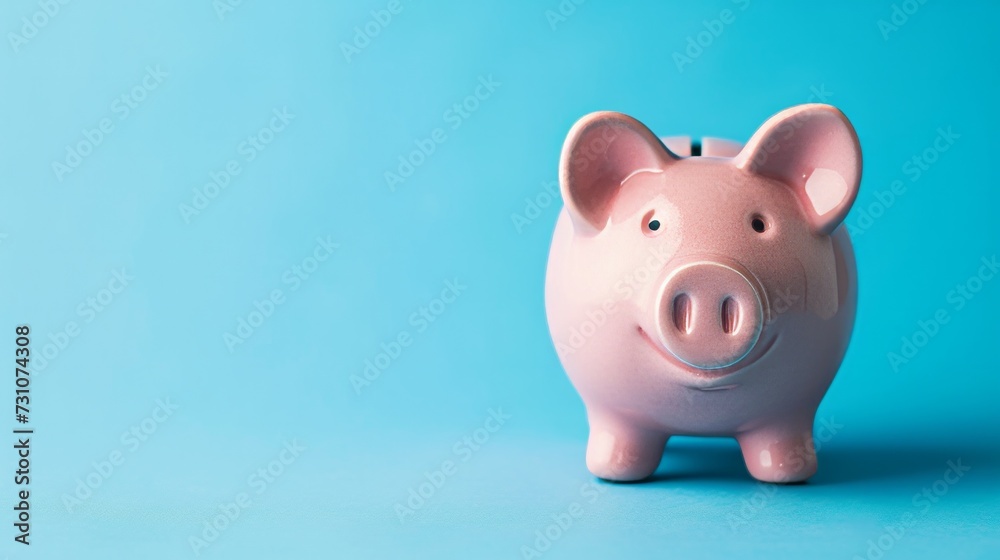 A studio photo of a piggy bank set against a blue background, leaving ample space for text.