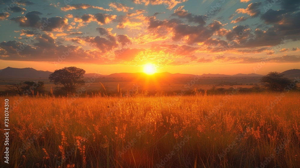 a field of tall grass with the sun setting in the distance in the distance, with mountains in the distance.