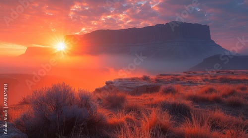 the sun is setting over the mountains in a foggy area with grass and bushes in the foreground and fog in the foreground.