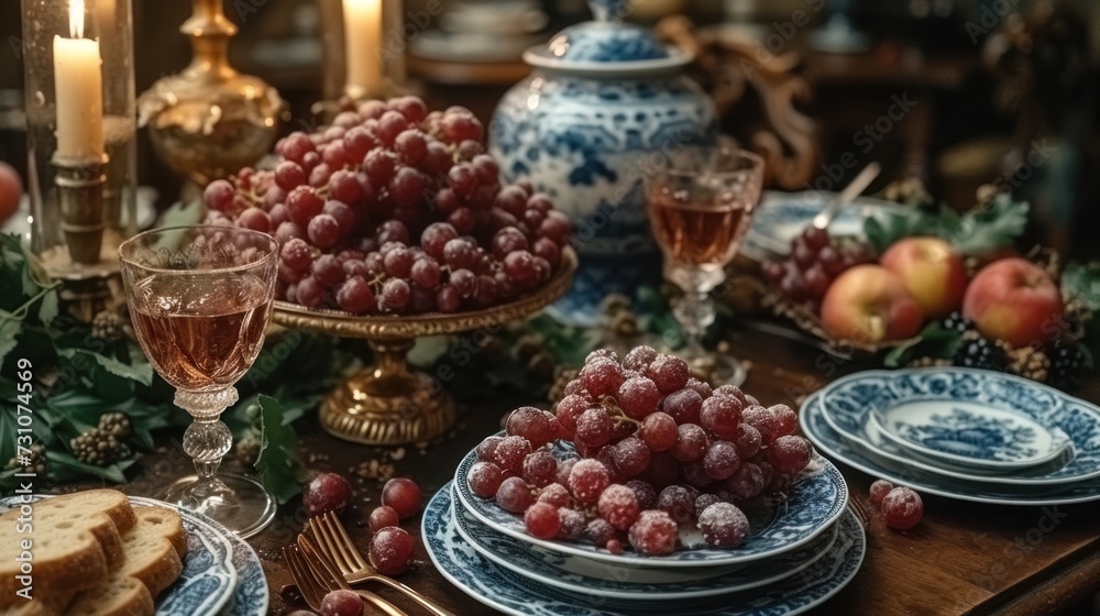 a table topped with blue and white plates and a bowl of grapes next to a vase filled with red grapes.