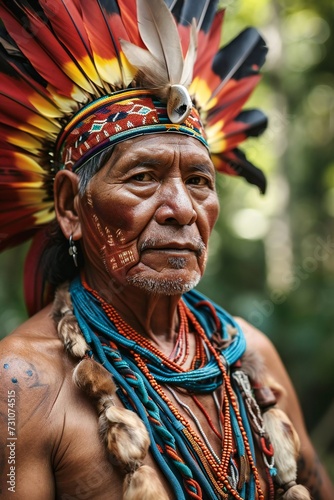 Amazonian tribal leader wearing a unique headdress. photo