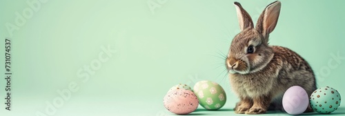 banner a cute brown little rabbit sitting on a soft light green background. Easter pastel colors eggs lie to the left of the bunny.  photo