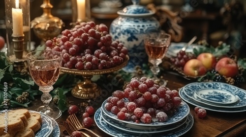 a table topped with blue and white plates and a bowl of grapes next to a vase filled with red grapes.