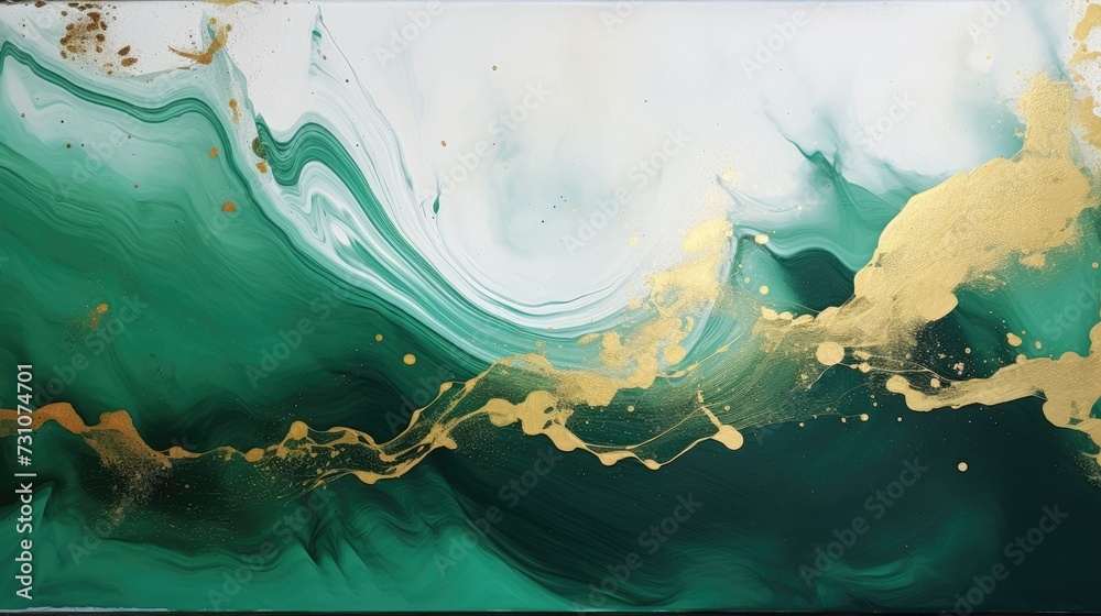 Φωτογραφία Abstract painting with epoxy resin incorporating marble streaks in green, white, and gold on a liquid background, suitable for modern design