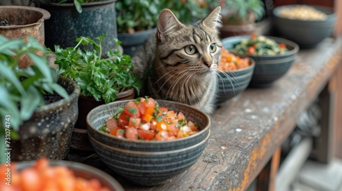 a cat sitting on top of a wooden table next to bowls filled with different types of veggies next to potted plants.