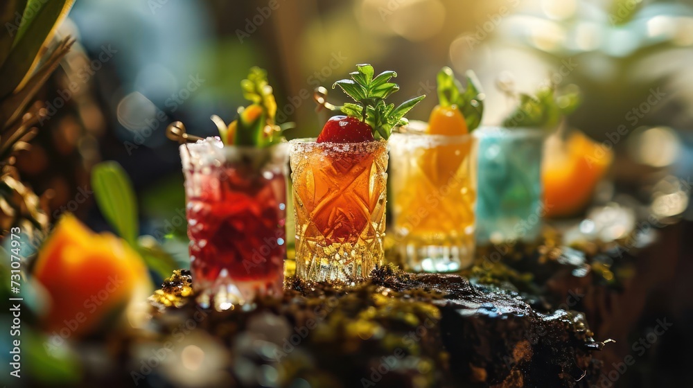 miniature cocktail glasses with tiny garnishes, capturing the essence of a miniature tropical cocktail party - obrazy, fototapety, plakaty 