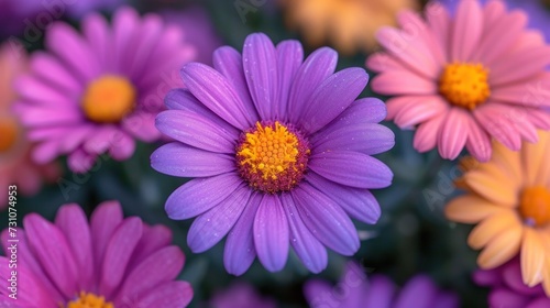 a close up of a bunch of flowers with purple  yellow and pink flowers in the middle of the picture.