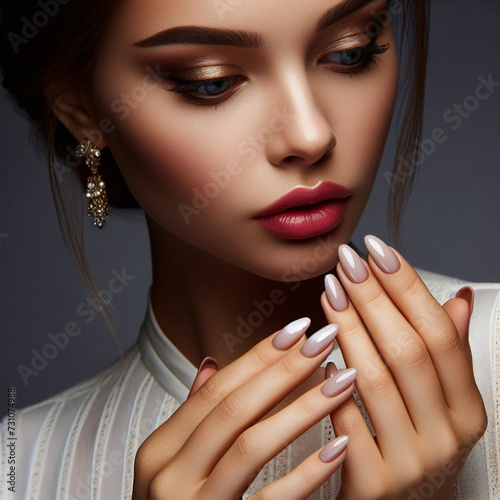 Close-up of a beautiful face, a young girl with natural beauty with beautiful manicure and makeup. Part of the face, concept of cosmetology and decorative cosmetics.