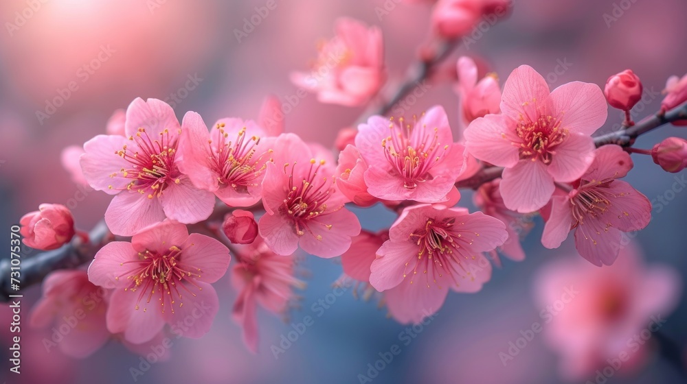 a close up of a branch of a tree with pink flowers in the foreground and a blurry background. a close up of a branch of a tree with pink flowers in the foreground and a blurry background.