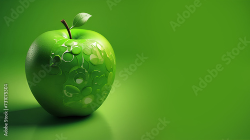 A green unusual apple lies on a green background. The concept is healthy eating. Art object with place for text.