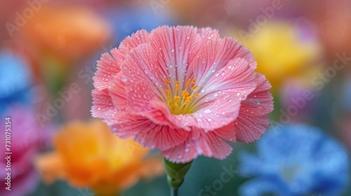 a close up of a pink flower with water droplets on it's petals and a blurry background of multicolored flowers.